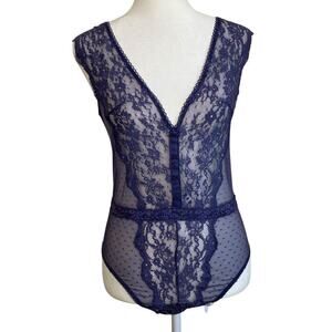 Victoria’s Secret Sexy Plunge Neck Floral Lace Thong Teddy Bodysuit Blue-Grey